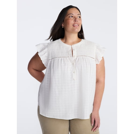 Terra & Sky Women’s Smocked Yoke Blouse with Flutter Sleeves, Sizes 0X-5X