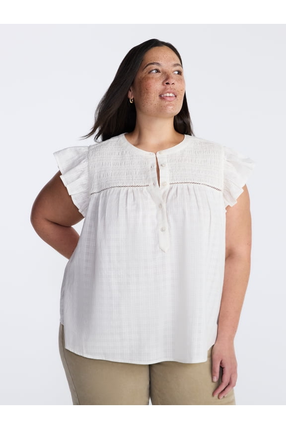 Women’s Smocked Yoke Blouse with Flutter Sleeves, Sizes 0X-5X