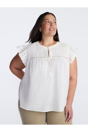 Women’s Smocked Yoke Blouse with Flutter Sleeves, Sizes 0X-5X