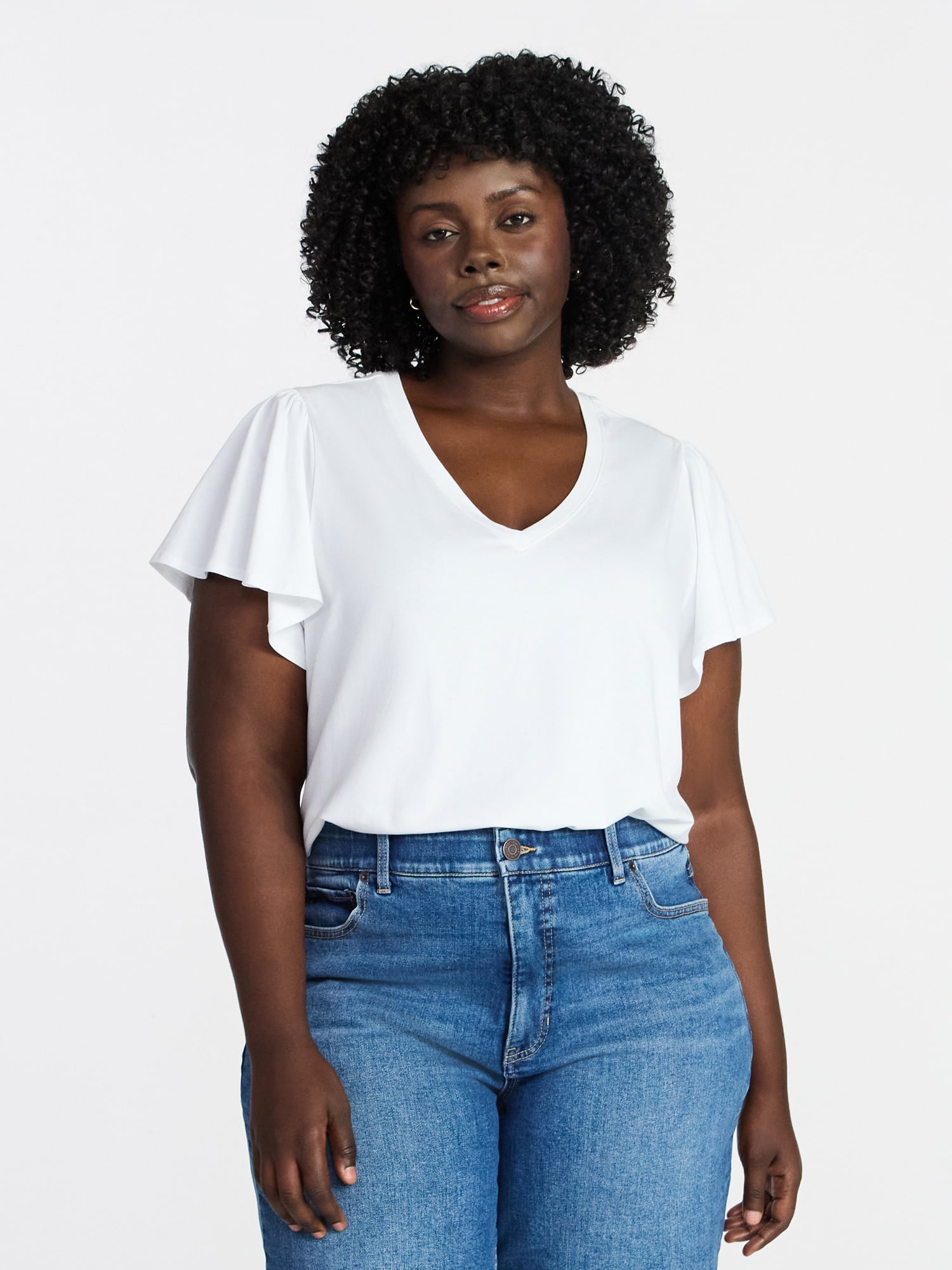 Terra & Sky Women's Plus Size V Neck Tee with Short Flutter Sleeves, Size 0X-4X