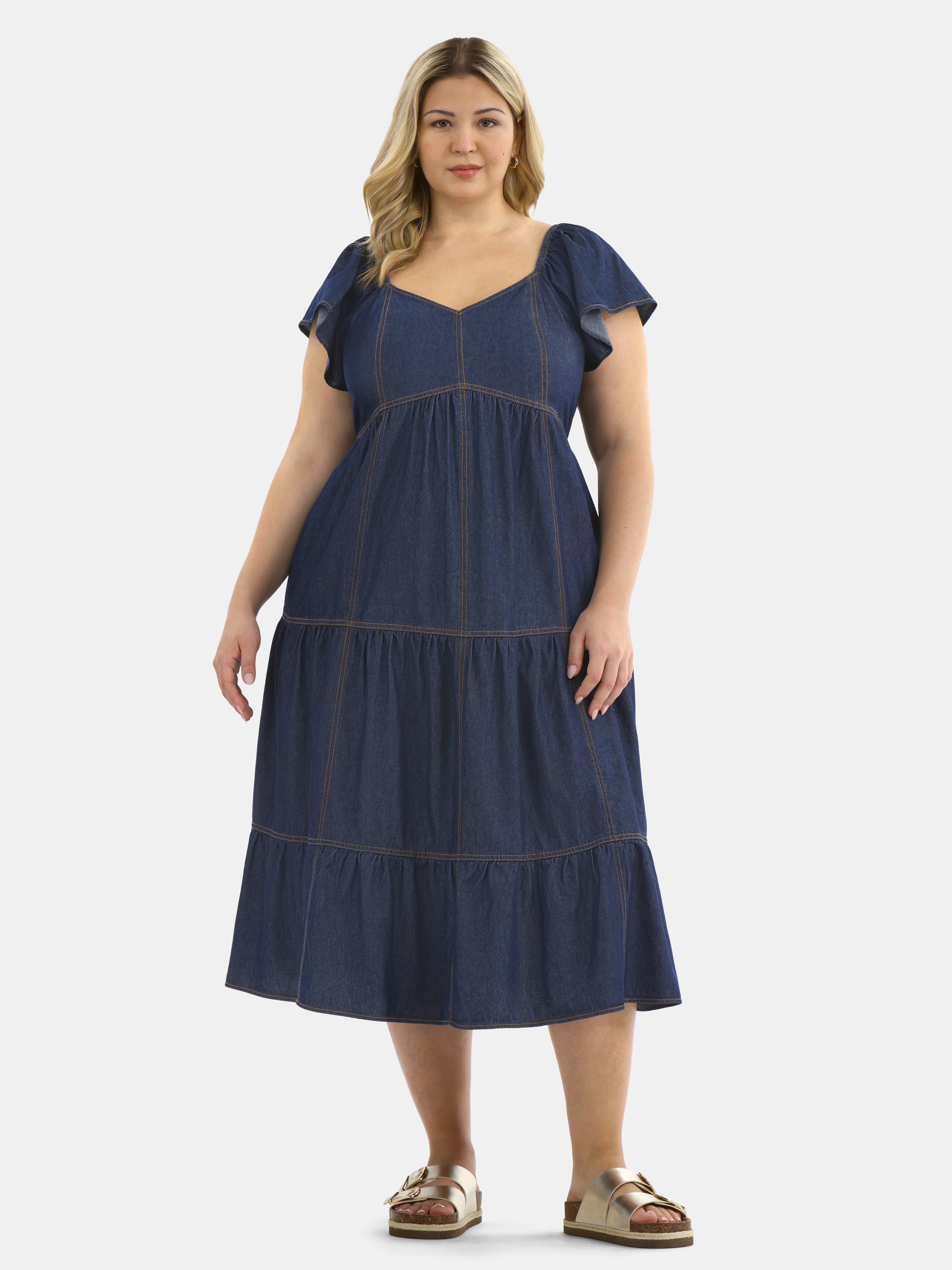 Terra & Sky Women's Plus Flutter Sleeve Midi Tiered Dress, Sizes 0X-5X