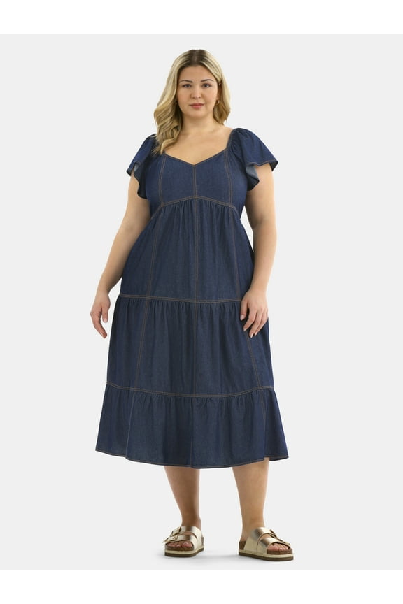 Women's Plus Flutter Sleeve Midi Tiered Dress, Sizes 0X-5X
