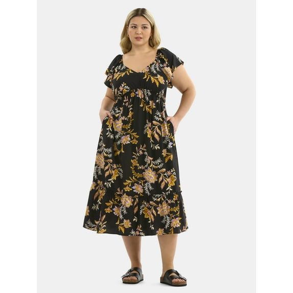 Terra & Sky Women's Plus Flutter Sleeve Midi Tiered Dress, Sizes 0X-5X