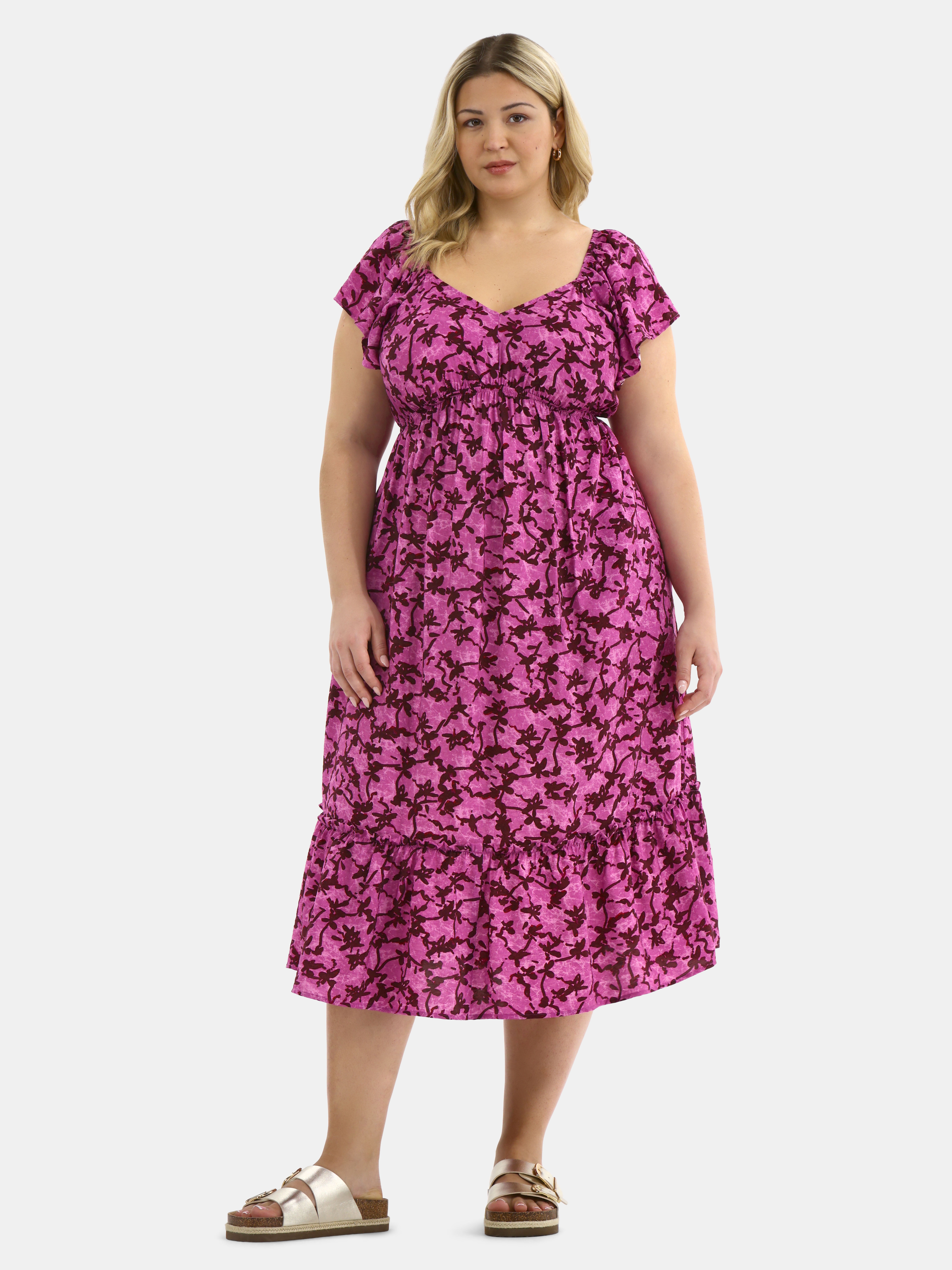 Terra & Sky Women's Plus Flutter Sleeve Midi Tiered Dress, Sizes 0X-5X