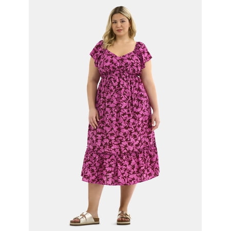 Terra & Sky Women's Plus Flutter Sleeve Midi Tiered Dress, Sizes 0X-5X