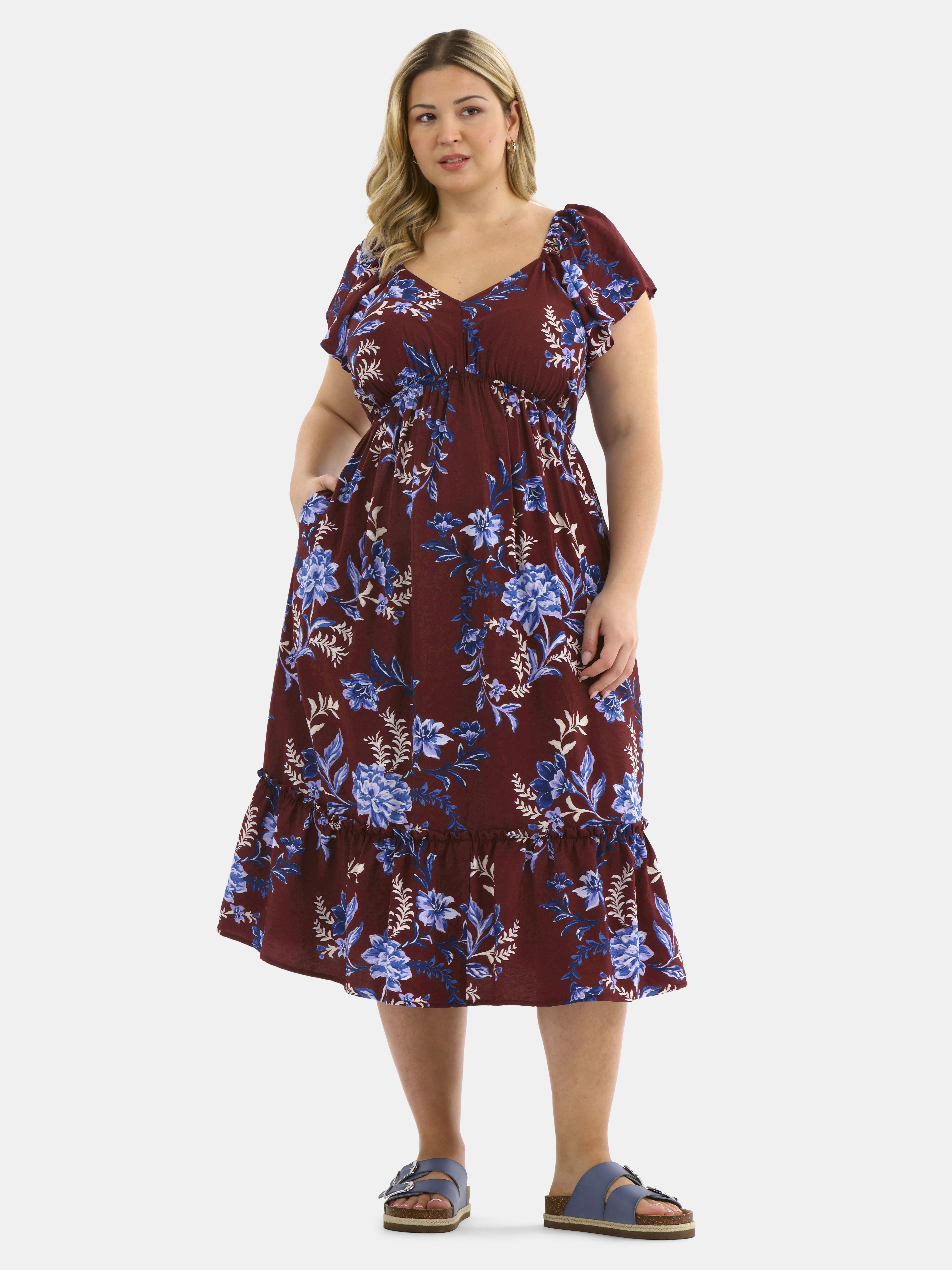 Terra & Sky Women's Plus Flutter Sleeve Midi Tiered Dress, Sizes 0X-5X