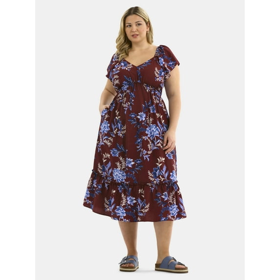Terra & Sky Women's Plus Flutter Sleeve Midi Tiered Dress, Sizes 0X-5X