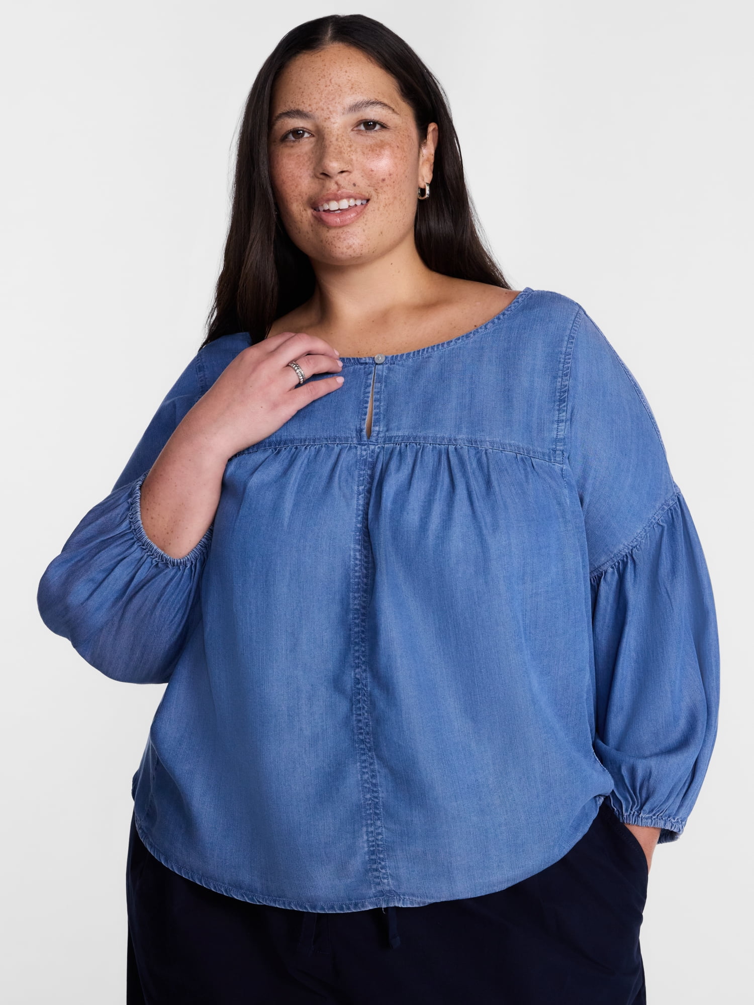 Terra & Sky Pleated Keyhole Front Blouse with Long Puff Sleeves, Sizes 0X-5X