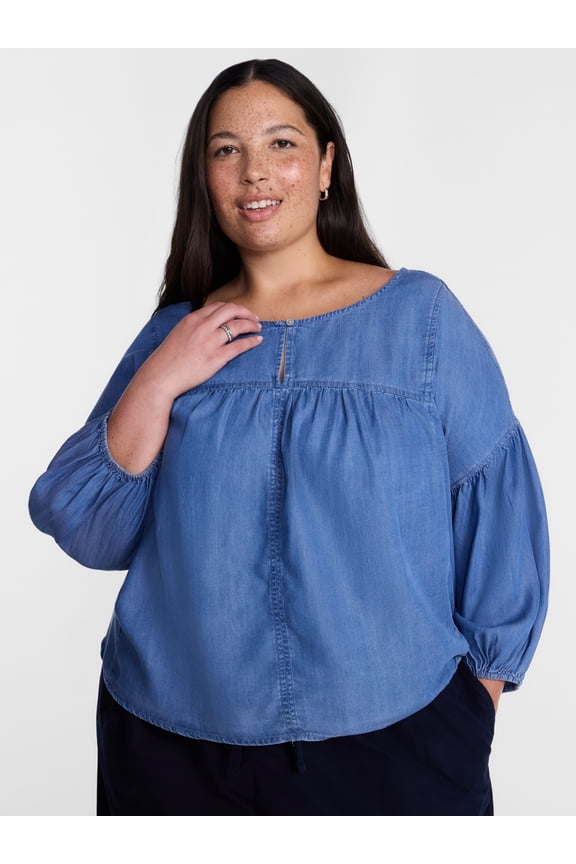 Pleated Keyhole Front Blouse with Long Puff Sleeves, Sizes 0X-5X