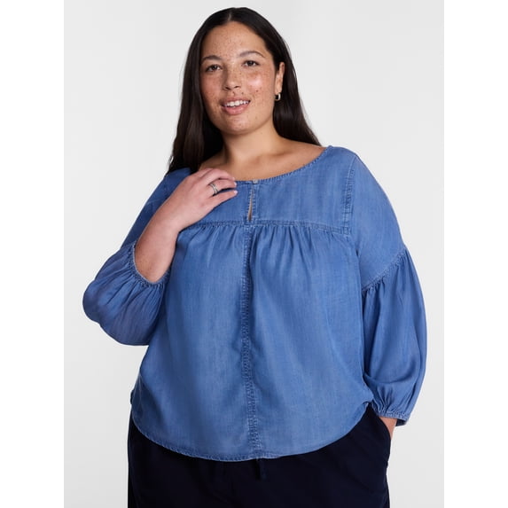 Terra & Sky Pleated Keyhole Front Blouse with Long Puff Sleeves, Sizes 0X-5X