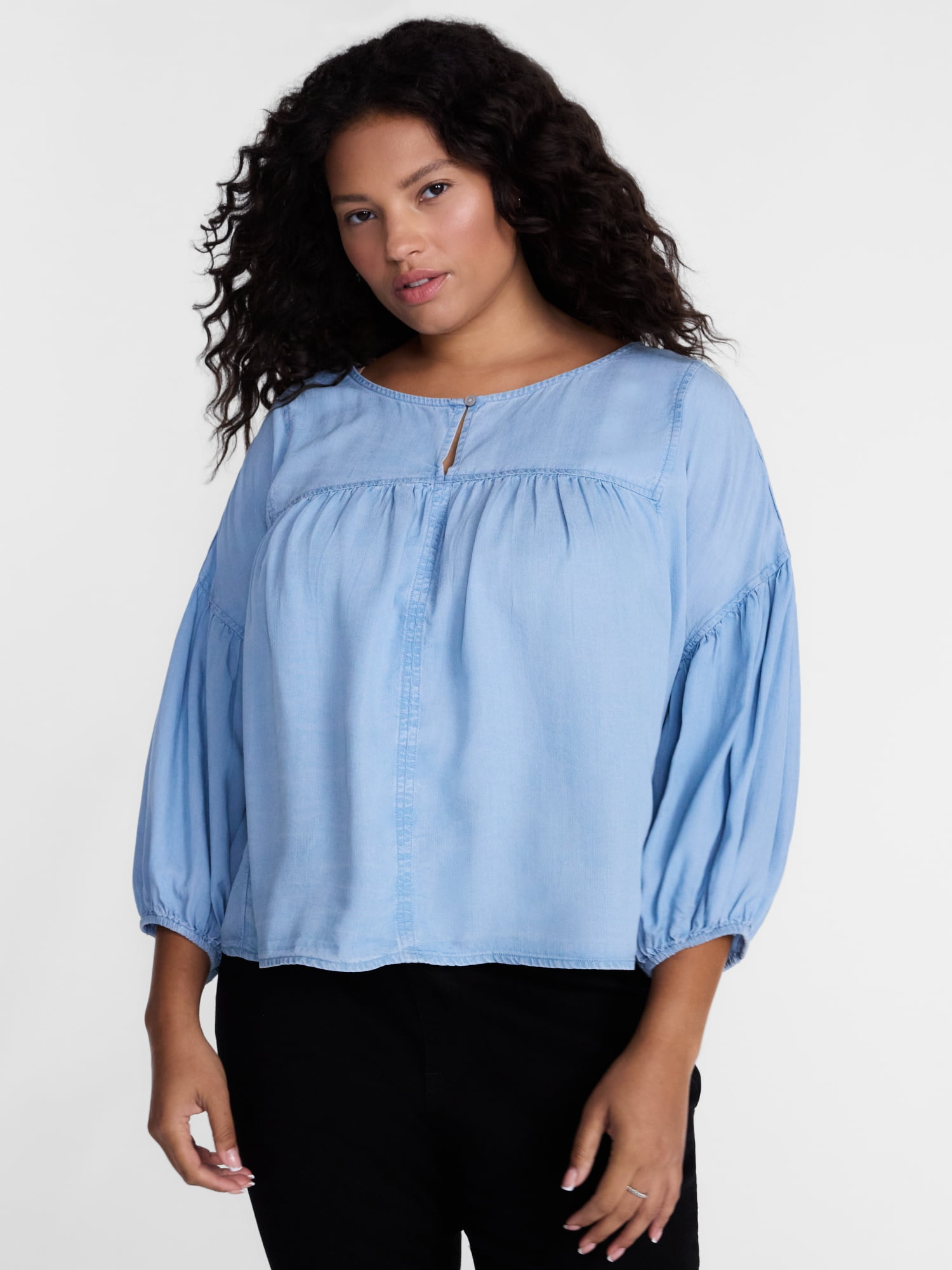 Terra & Sky Pleated Keyhole Front Blouse with Long Puff Sleeves, Sizes 0X-5X