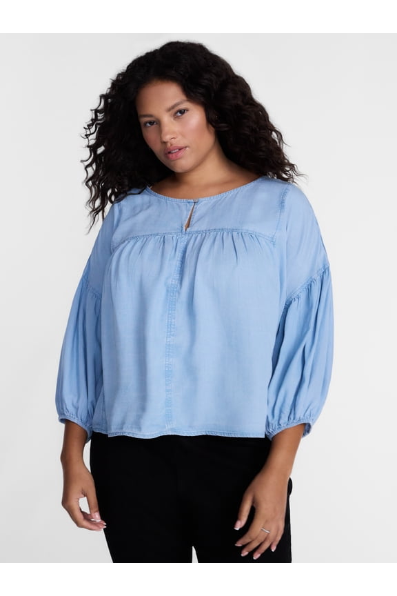 Terra & Sky Pleated Keyhole Front Blouse with Long Puff Sleeves, Sizes 0X-5X