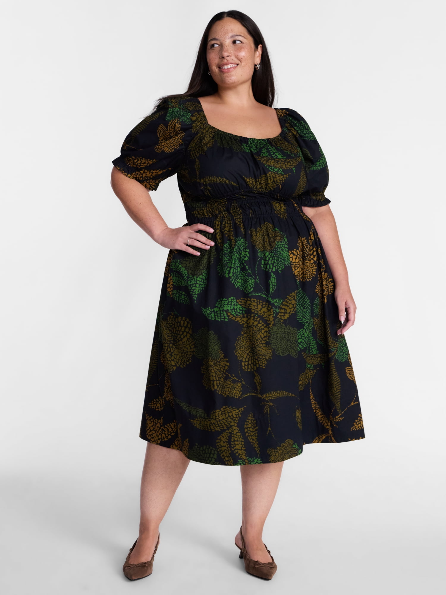 Terra & Sky Women's Plus Smocked Cotton Midi Dress with Short Puff Sleeves, Sizes- 0X-5X