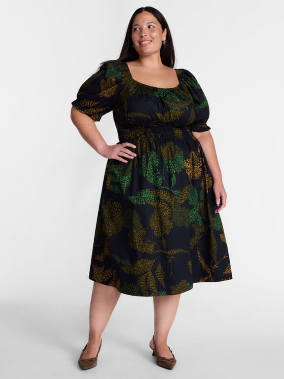 Women's Plus Smocked Cotton Midi Dress with Short Puff Sleeves, Sizes- 0X-5X