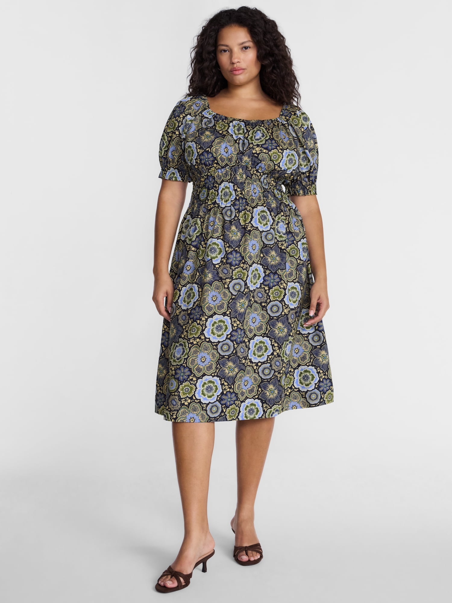 Terra & Sky Women's Plus Smocked Cotton Midi Dress with Short Puff Sleeves, Sizes- 0X-5X