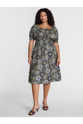 Women's Plus Smocked Cotton Midi Dress with Short Puff Sleeves, Sizes- 0X-5X