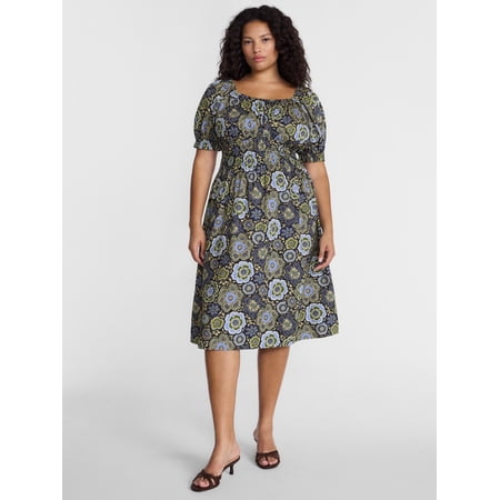 Terra & Sky Women's Plus Smocked Cotton Midi Dress with Short Puff Sleeves, Sizes- 0X-5X