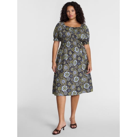 Terra & Sky Women's Plus Smocked Cotton Midi Dress with Short Puff Sleeves, Sizes- 0X-5X