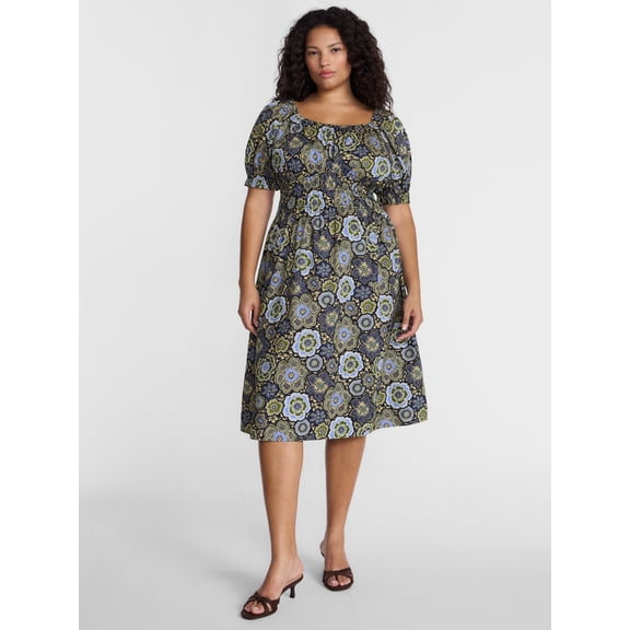 Terra & Sky Women's Plus Smocked Cotton Midi Dress with Short Puff Sleeves, Sizes- 0X-5X