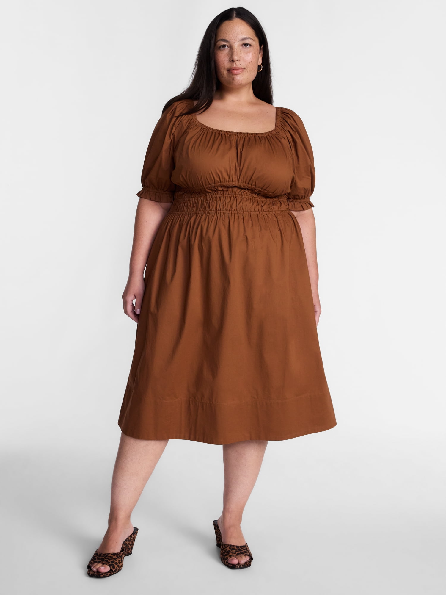 Terra & Sky Women's Plus Smocked Cotton Midi Dress with Short Puff Sleeves, Sizes- 0X-5X