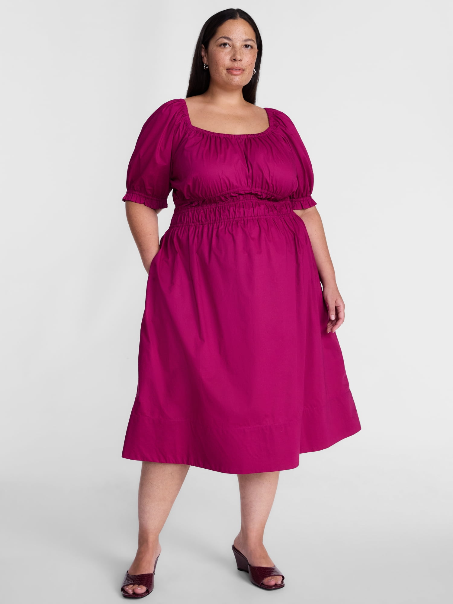 Terra & Sky Women's Plus Smocked Cotton Midi Dress with Short Puff Sleeves, Sizes- 0X-5X