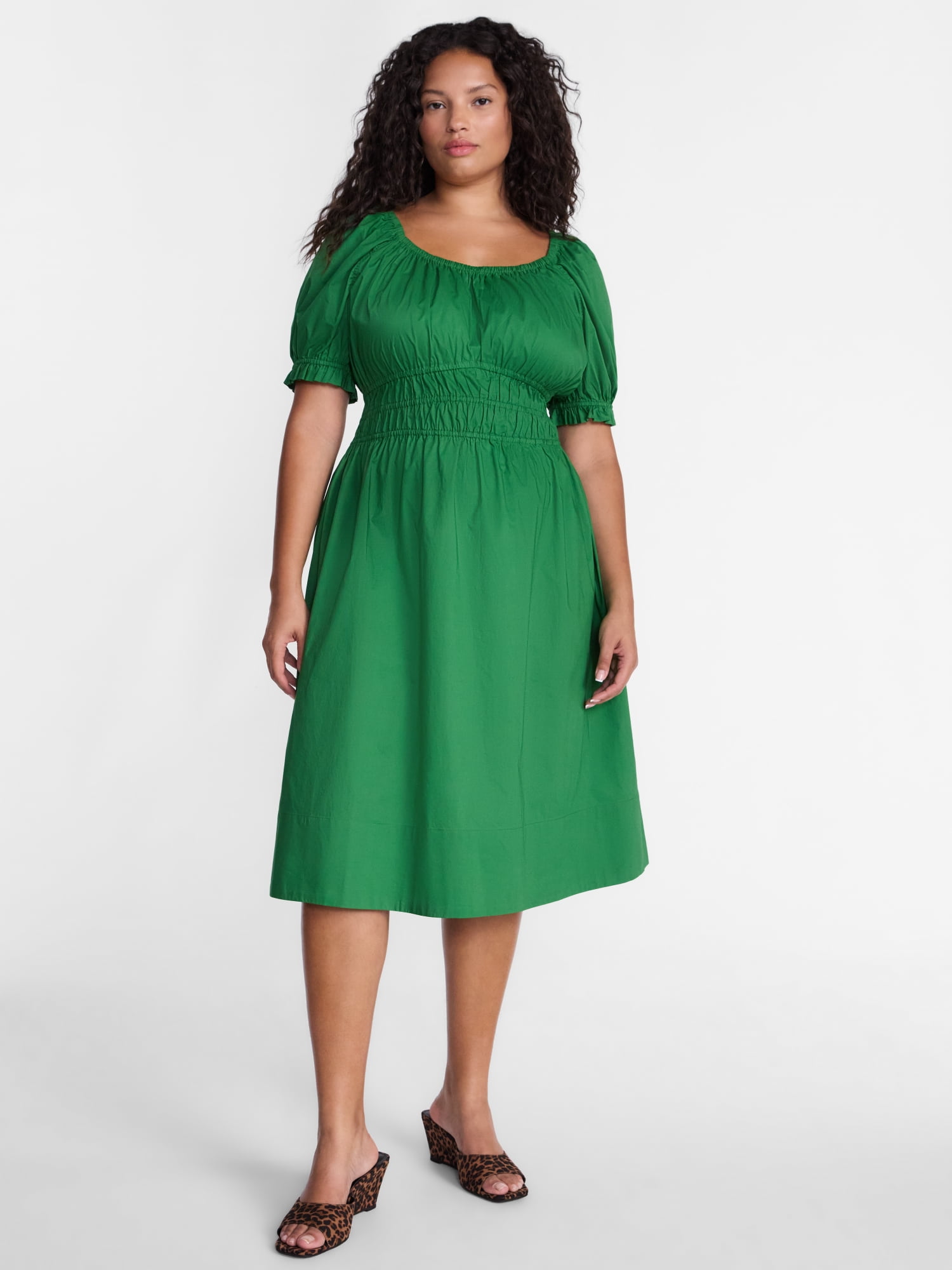 Terra & Sky Women's Plus Smocked Cotton Midi Dress with Short Puff Sleeves, Sizes- 0X-5X
