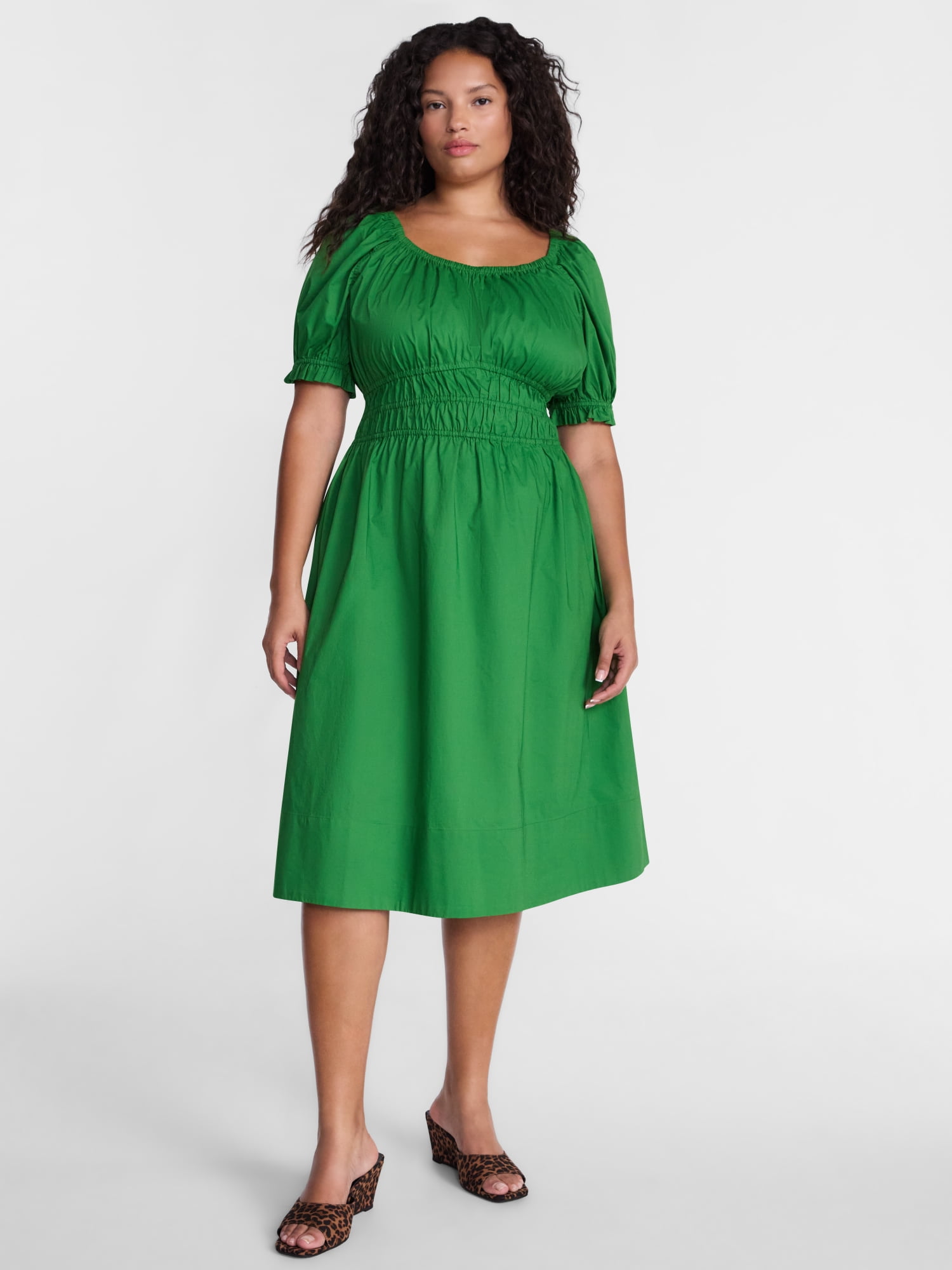 Terra & Sky Women's Plus Smocked Cotton Midi Dress with Short Puff Sleeves, Sizes- 0X-5X