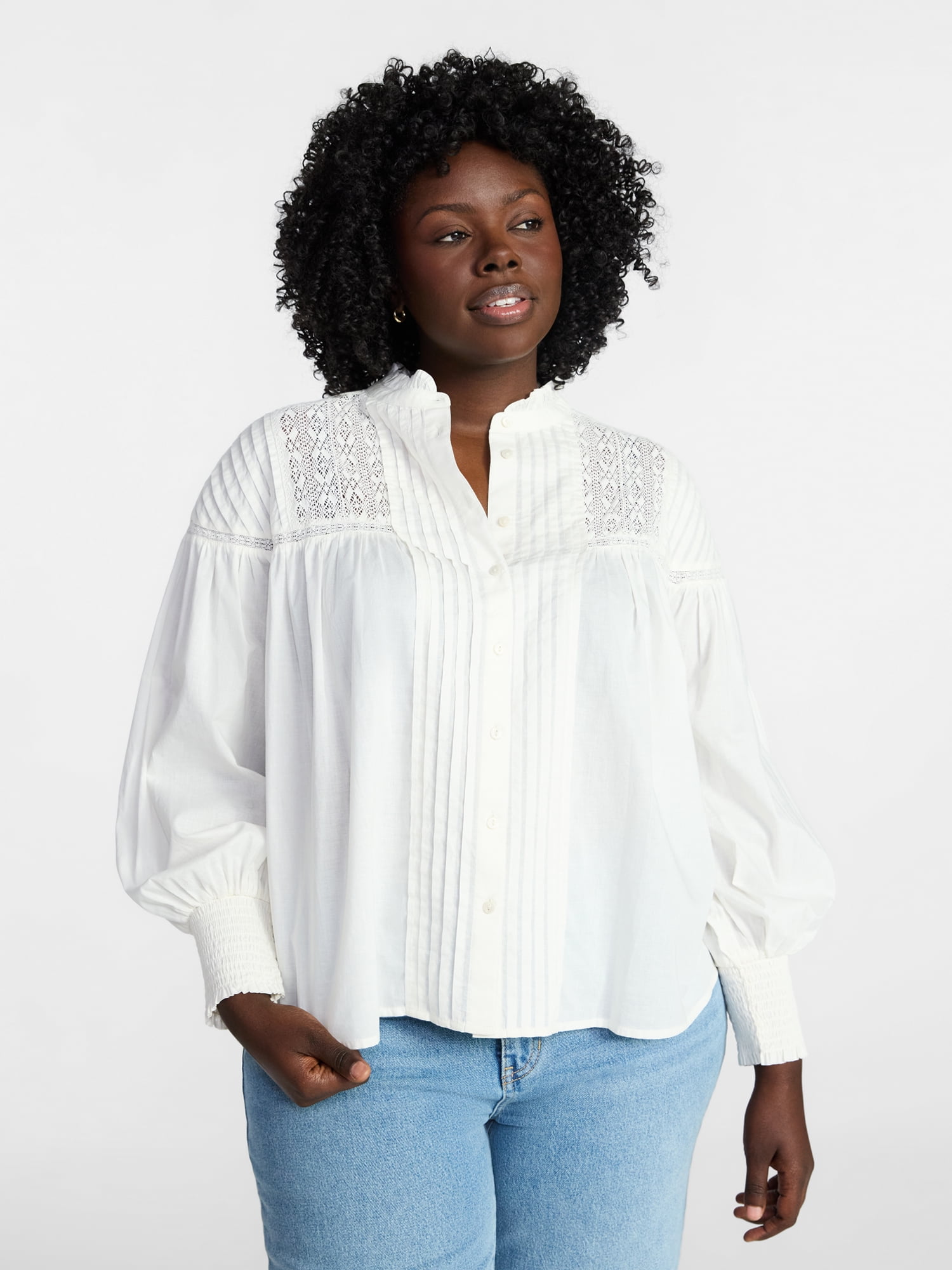 Terra & Sky Women's Plus Size Lace Inset Blouse with Long Sleeves, Sizes 0X-5X