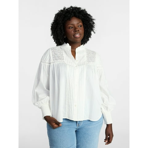 Women's Plus Size Lace Inset Blouse with Long Sleeves, Sizes 0X-5X