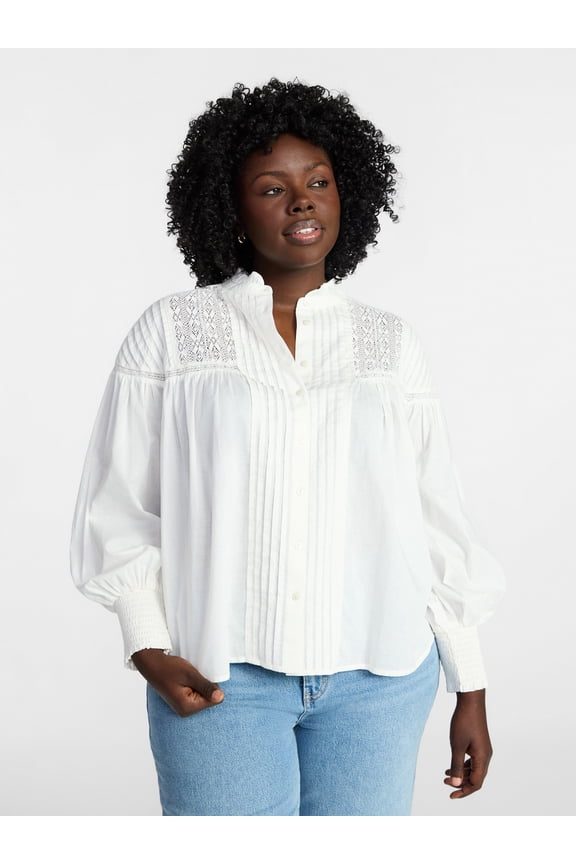 Women's Plus Size Lace Inset Blouse with Long Sleeves, Sizes 0X-5X