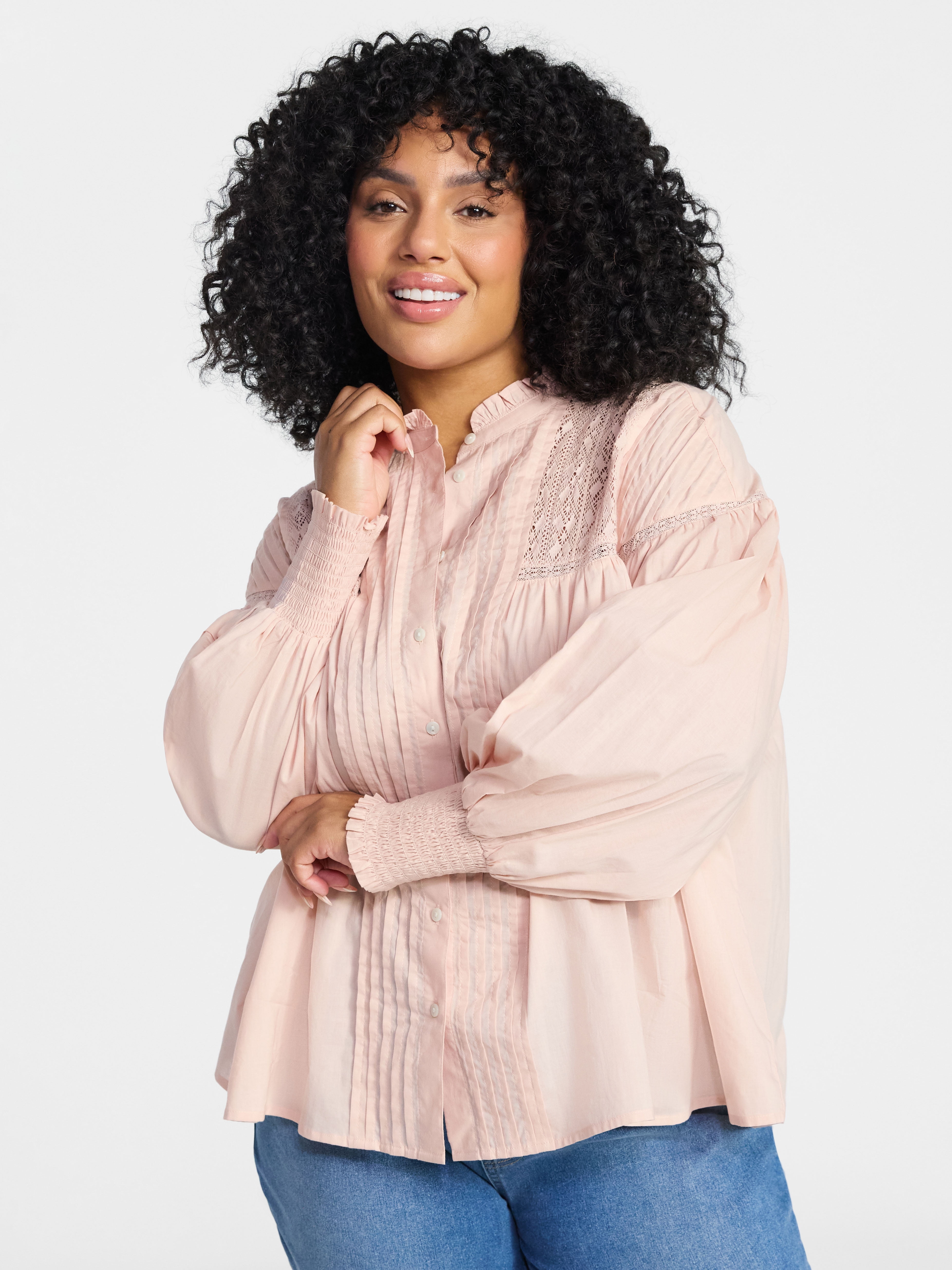 Terra & Sky Women's Plus Size Lace Inset Blouse with Long Sleeves, Sizes 0X-5X
