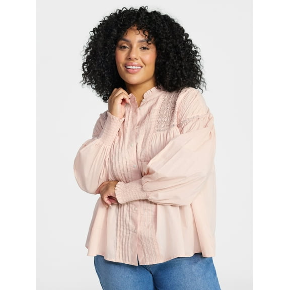 Terra & Sky Women's Plus Size Lace Inset Blouse with Long Sleeves, Sizes 0X-5X