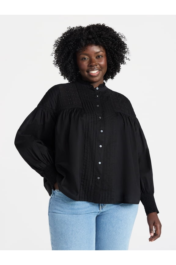 Women's Plus Size Lace Inset Blouse with Long Sleeves, Sizes 0X-5X