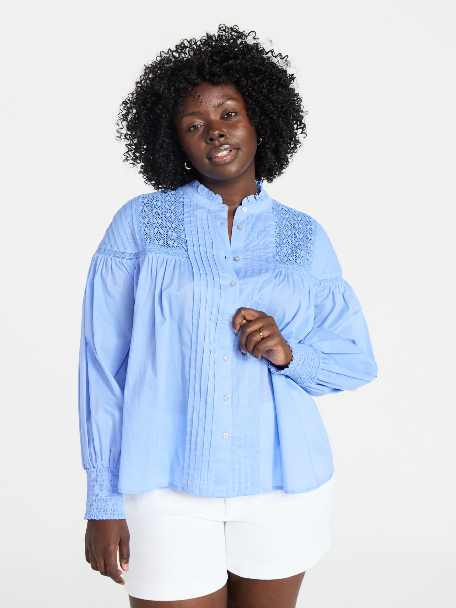 Terra & Sky Women's Plus Size Lace Inset Blouse with Long Sleeves, Sizes 0X-5X
