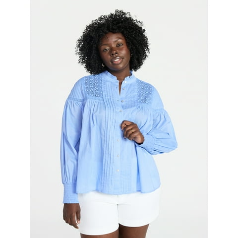 Women's Plus Size Lace Inset Blouse with Long Sleeves, Sizes 0X-5X