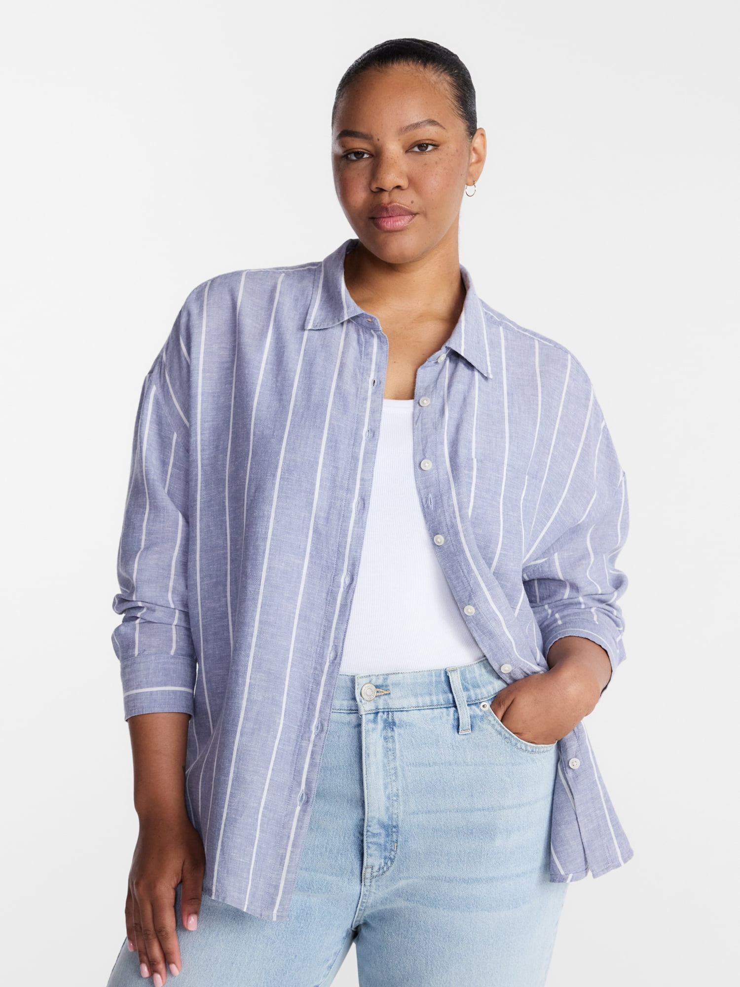 Terra & Sky Women's Plus Linen Striped Boyfriend Shirt, Sizes 0X-5X