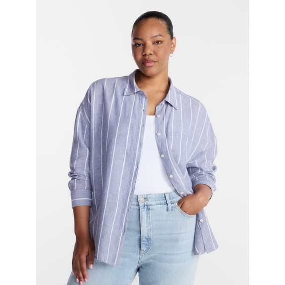 Terra & Sky Women's Plus Linen Striped Boyfriend Shirt, Sizes 0X-5X