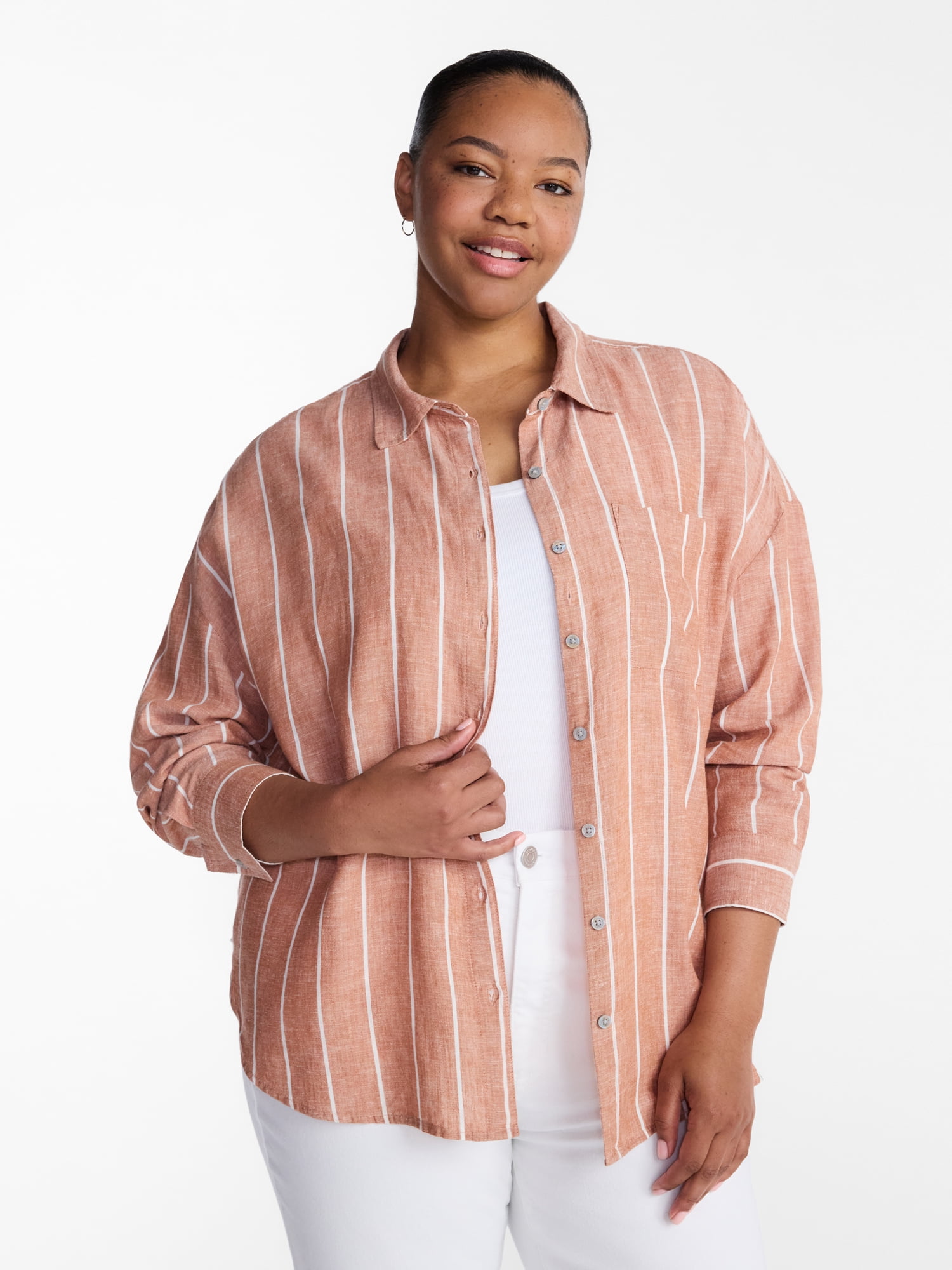 Terra & Sky Women's Plus Linen Striped Boyfriend Shirt, Sizes 0X-5X