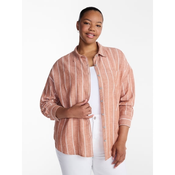 Terra & Sky Women's Plus Linen Striped Boyfriend Shirt, Sizes 0X-5X