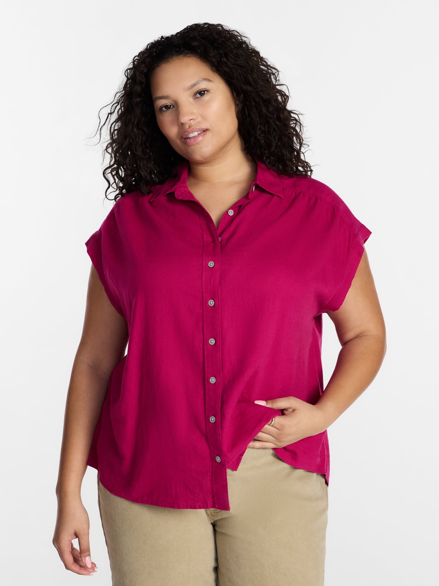 Terra & Sky Women's Plus Linen Camp Shirt, Sizes 0X-5X