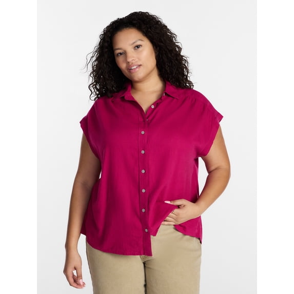Terra & Sky Women's Plus Linen Blend Camp Shirt, Sizes 0X-5X