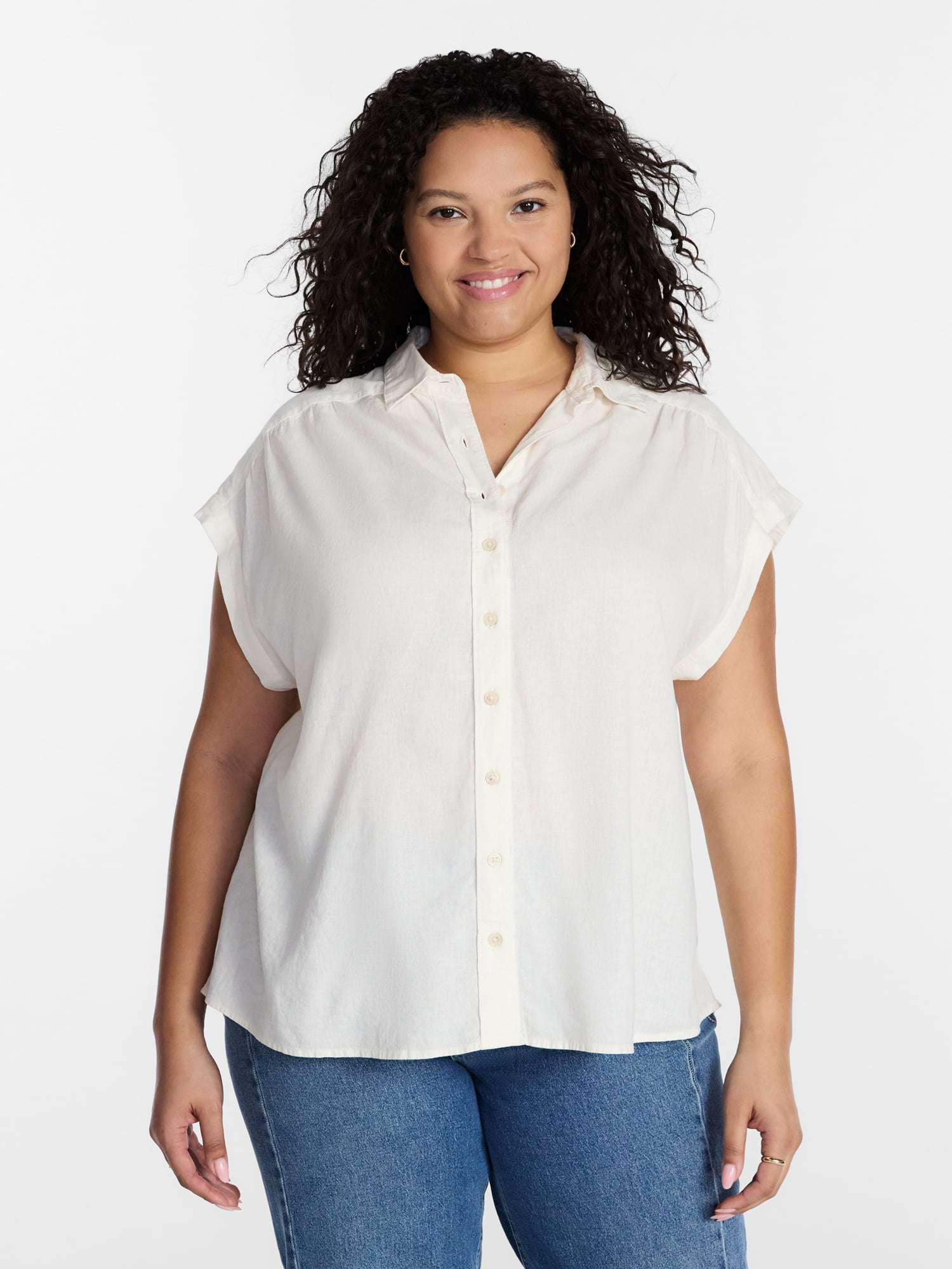 Terra & Sky Women's Plus Linen Camp Shirt, Sizes 0X-5X