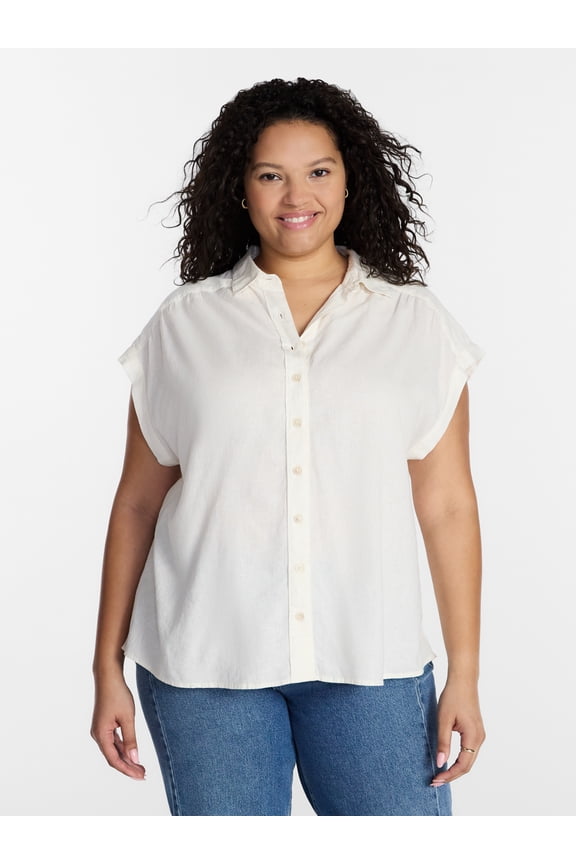 Women's Plus Linen Blend Camp Shirt, Sizes 0X-5X