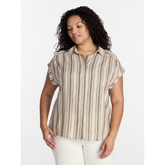 Terra & Sky Women's Plus Linen Blend Camp Shirt, Sizes 0X-5X