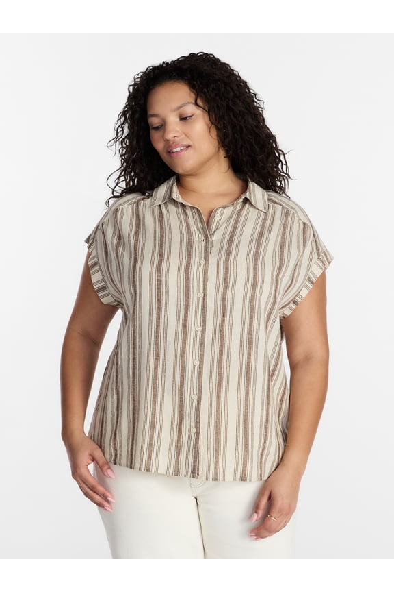 Women's Plus Linen Blend Camp Shirt, Sizes 0X-5X