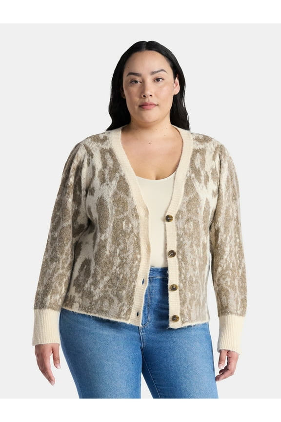 Women's Plus Animal Print Cardigan Sweater, Lightweight, Sizes 0X-5X