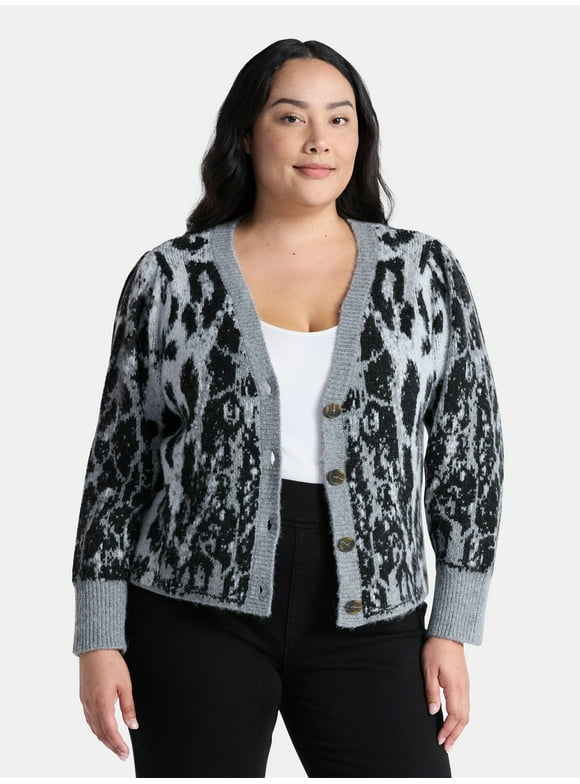 Women's Plus Animal Print Cardigan Sweater, Lightweight, Sizes 0X-5X