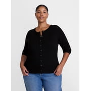 Terra & Sky Women's Plus Pointelle Knit Button Front Top with Long Sleeves, Sizes 0X-5X