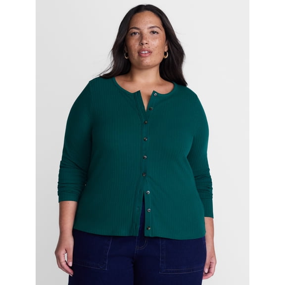 Terra & Sky Women's Plus Pointelle Knit Button Front Top with Long Sleeves, Sizes 0X-5X