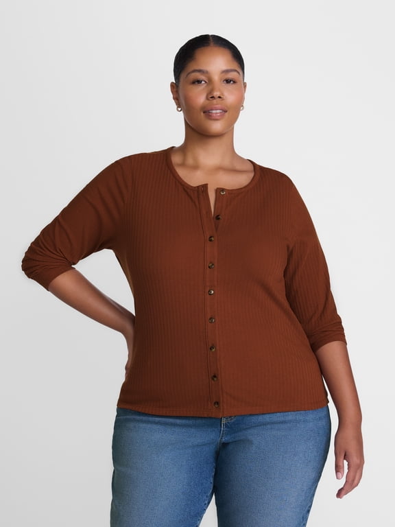 Women's Plus Pointelle Knit Button Front Top with Long Sleeves, Sizes 0X-5X